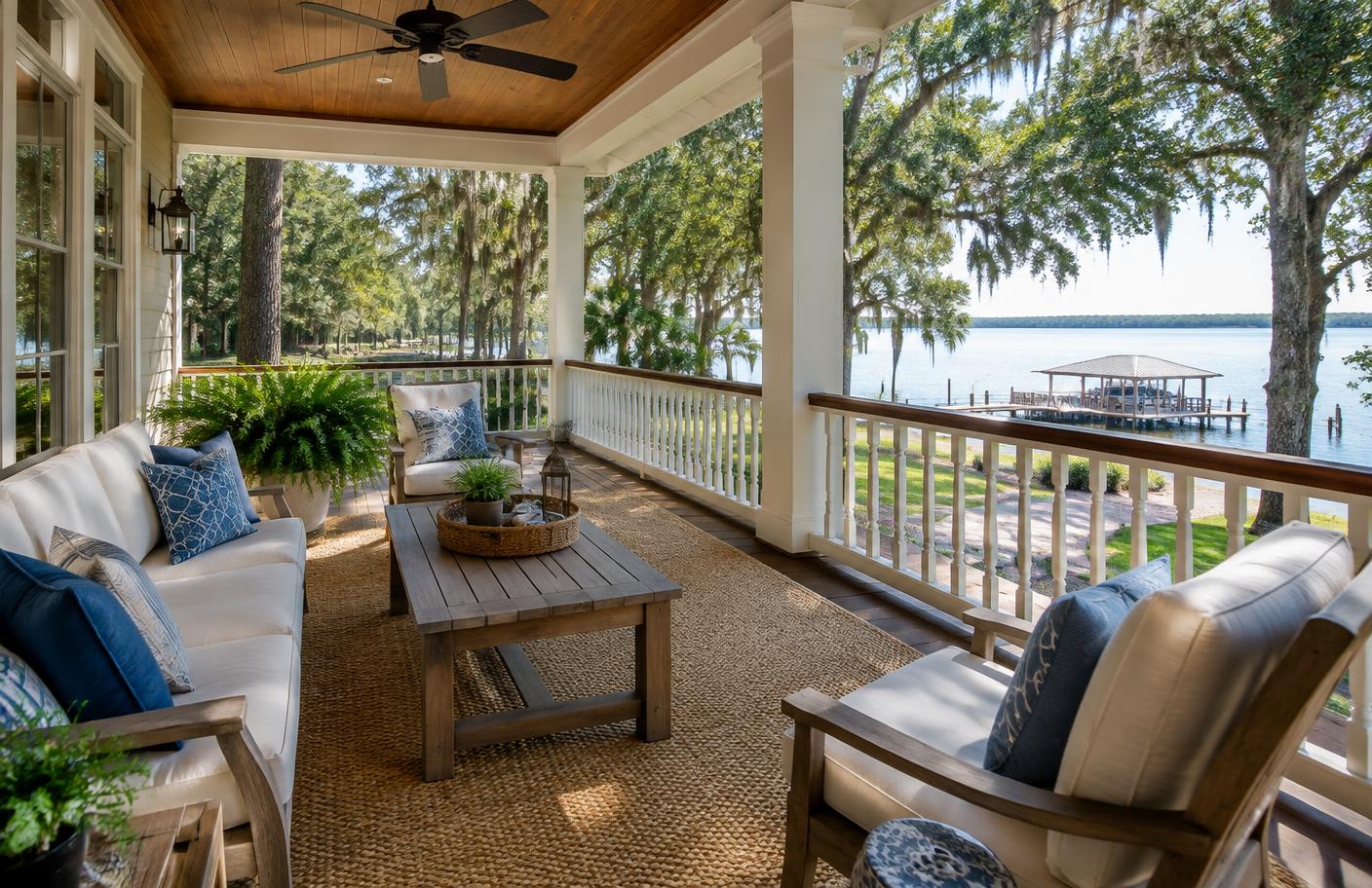 Editorial view of a lake home porch